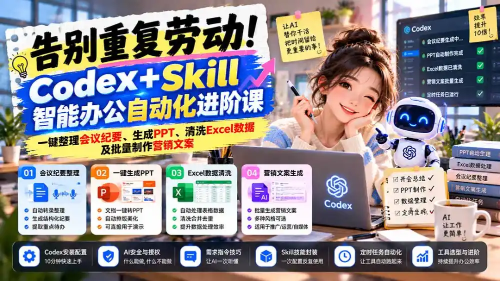 告别重复劳动!Codex+Skill智能办公自动化进阶课:一键整理会议纪要、生成PPT、清洗Excel数据及批量制作营销文案-海淘下载站