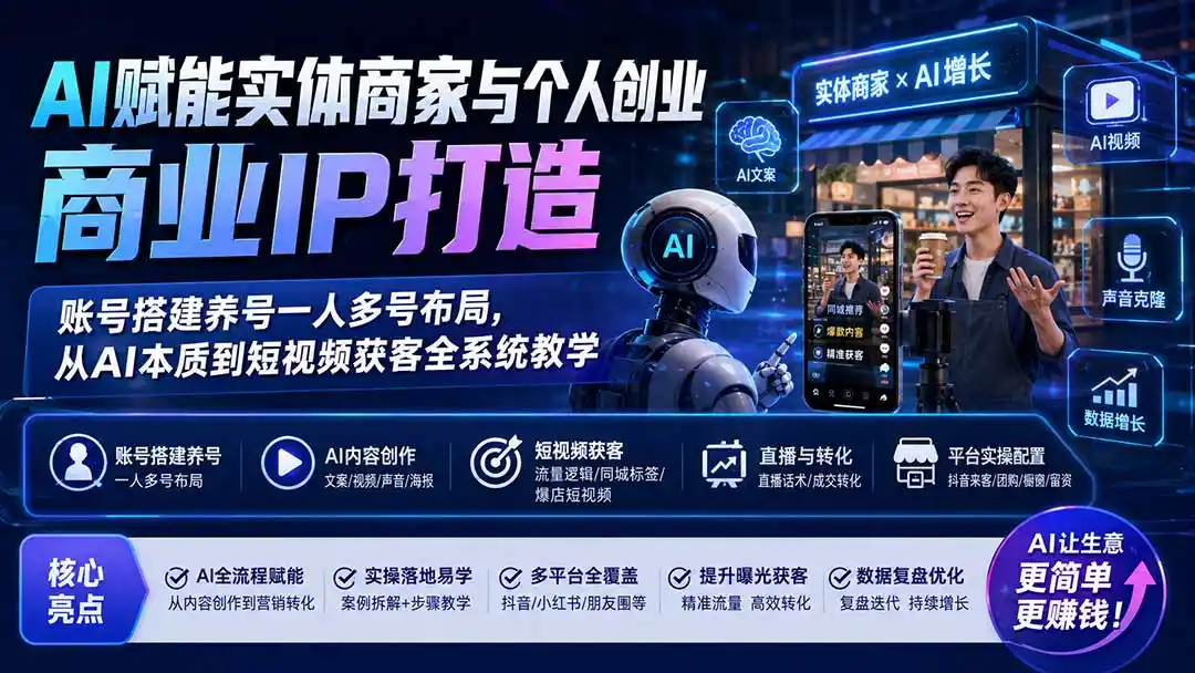 AI赋能实体商家与个人创业商业IP打造；账号搭建养号一人多号布局，从AI本质到短视频获客全系统教学-海淘下载站