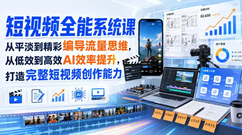 短视频全能系统课,从平淡到精彩编导流量思维,从低效到高效AI效率提升,打造完整短视频创作能力(2026年8月30更新233集)-海淘下载站