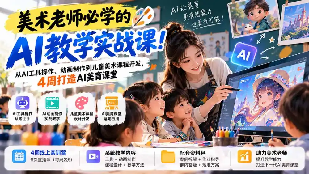 美术老师必学的AI教学实战课！从AI工具操作、动画制作到儿童美术课程开发，4周打造AI美育课堂-海淘下载站