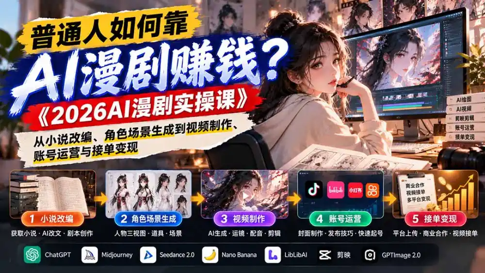 普通人如何靠AI漫剧赚钱?《2026AI漫剧实操课》从小说改编、角色场景生成到视频制作、账号运营与接单变现-海淘下载站