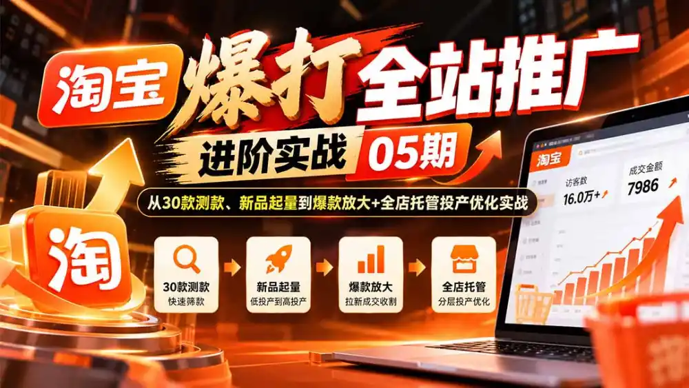 淘宝爆打全站推广进阶实战05期：从30款测款、新品起量到爆款放大+全店托管投产优化实战-海淘下载站