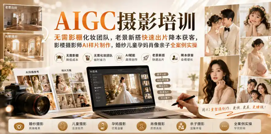 AIGC摄影培训|无需影棚化妆团队,老景新搭快速出片降本获客,影楼摄影师AI样片制作,婚纱儿童孕妈肖像亲子全案例实操-海淘下载站