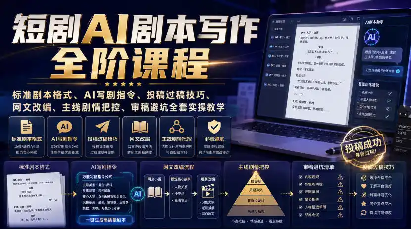 短剧AI剧本写作全阶课程|标准剧本格式、AI写剧指令、投稿过稿技巧、网文改编、主线剧情把控、审稿避坑全套实操教学-海淘下载站