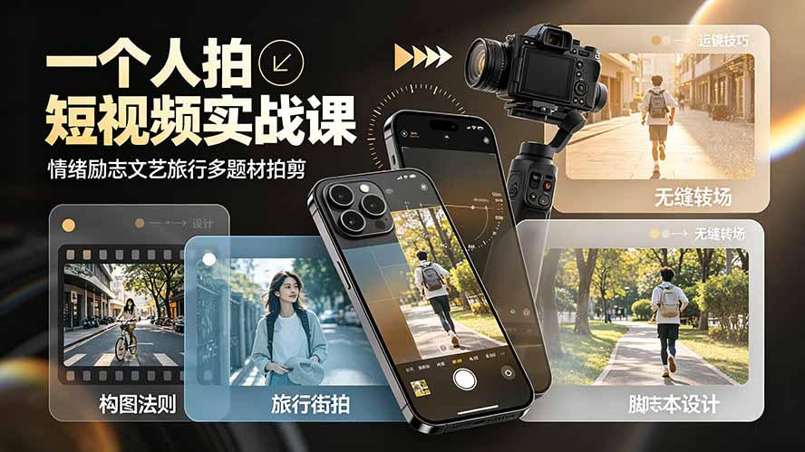 一个人拍短视频实战课：情绪励志文艺旅行多题材×五大景别×黄金构图×八大运镜，从拍摄到成片高效创作-海淘下载站