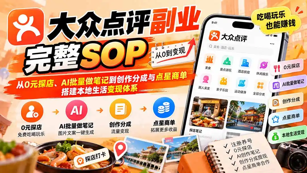【无水印】大众点评副业完整SOP：从0元探店、AI批量做笔记到创作分成与点星商单，搭建本地生活变现体系-海淘下载站