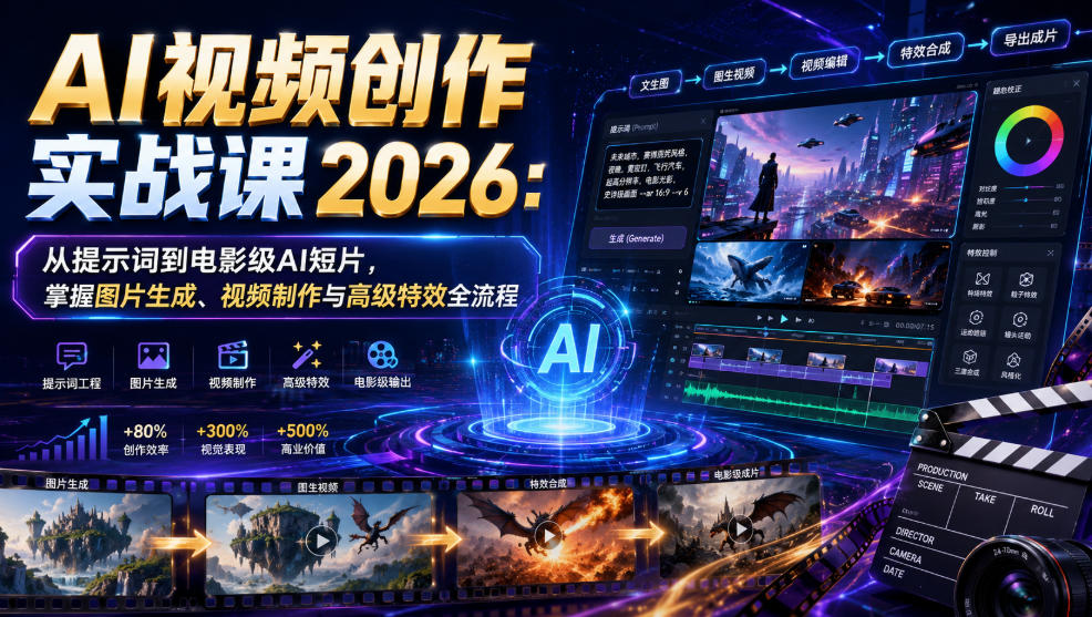 AI视频创作实战课2026：从提示词到电影级AI短片，掌握图片生成、视频制作与高级特效全流程-海淘下载站