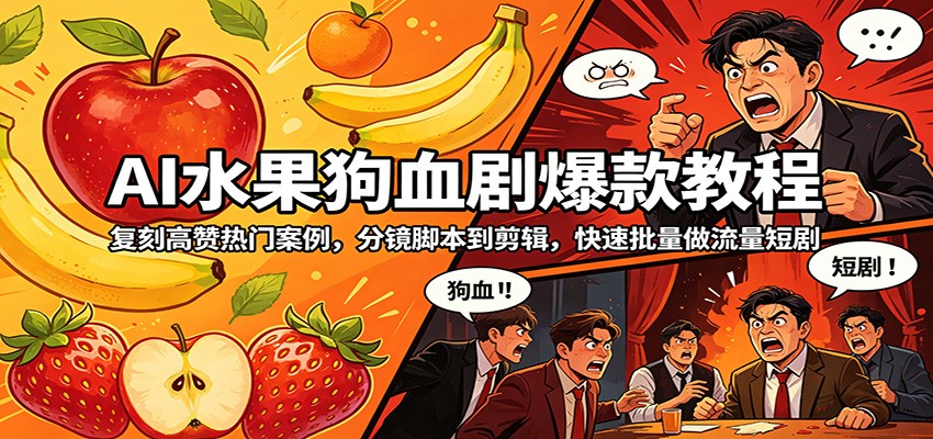 AI水果狗血剧爆款教程：复刻高赞热门案例，分镜脚本到剪辑，快速批量做流量短剧-海淘下载站