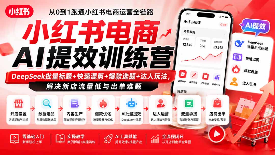 小红书电商AI提效训练营—DeepSeek批量标题+快速混剪+爆款选题+达人玩法，解决新店流量低与出单难题-海淘下载站