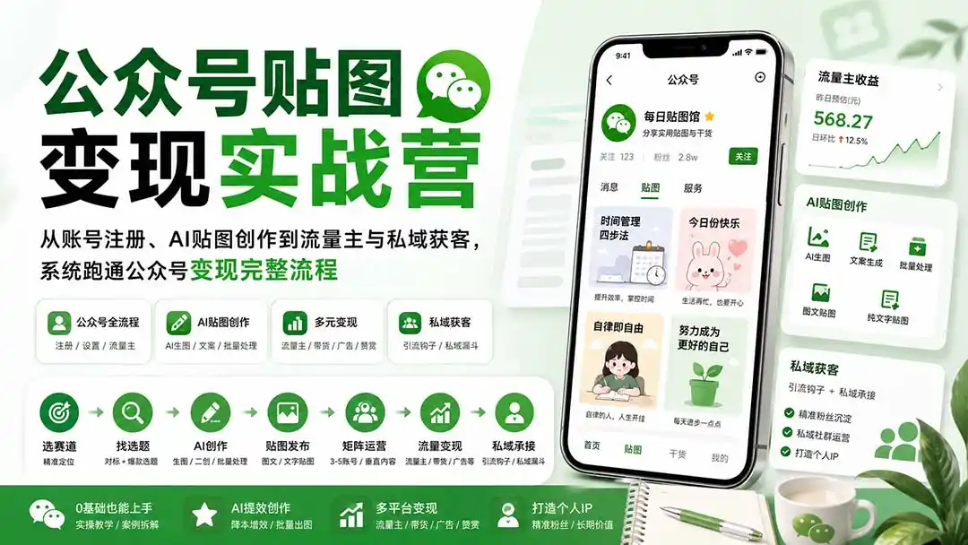 公众号贴图变现实战营:从账号注册、AI贴图创作到流量主与私域获客,系统跑通公众号变现完整流程 公众号贴图变现实战营:从账号注册、AI贴图创作到流量主与私域获客,系统跑通公众号变现完整流程