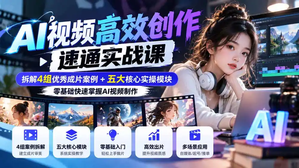 【无水印】AI视频高效创作速通实战课：拆解4组优秀成片案例+五大核心实操模块，零基础快速掌握AI视频制作-海淘下载站