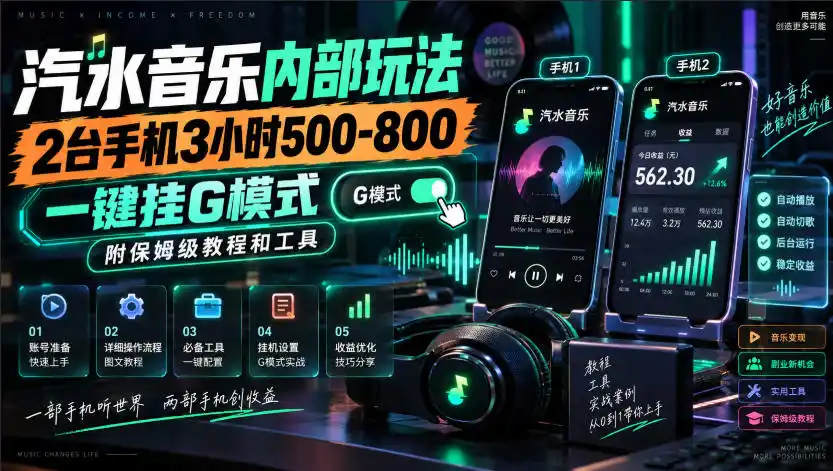 汽水音乐内部玩法，2台手机3小时500-800，一键挂G模式，附保姆级教程和工具【揭秘】-海淘下载站