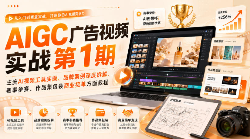 AIGC广告视频实战第1期,主流AI视频工具实操、品牌案例深度拆解、赛事参赛、作品集包装商业接单方面教程-海淘下载站