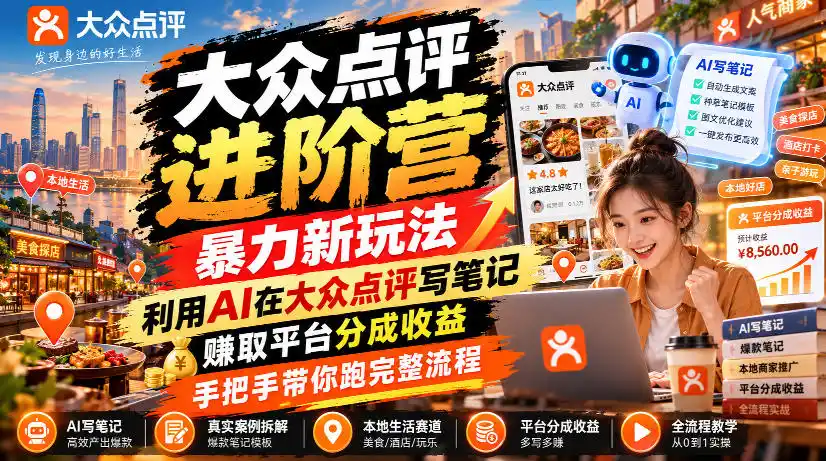 大众点评进阶营,暴力新玩法,利用AI在大众点评写笔记, 賺取平台分成收益,手把手带你跑完整流程 大众点评进阶营,暴力新玩法,利用AI在大众点评写笔记, 賺取平台分成收益,手把手带你跑完整流程