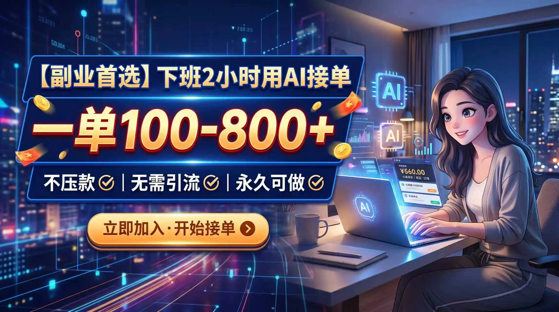 下班2小时用AI接单,一单100-800+,不压款,无需引流,永久可做 下班2小时用AI接单,一单100-800+,不压款,无需引流,永久可做