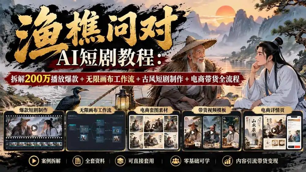 【无水印】渔樵问对AI短剧教程:拆解200万播放爆款+无限画布工作流+古风短剧制作+电商带货全流程-海淘下载站