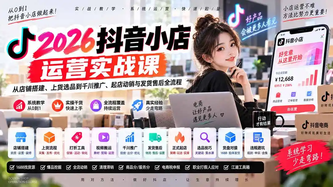 2026抖音小店运营实战课|从店铺搭建、上货选品到千川推广、起店动销与发货售后全流程-海淘下载站