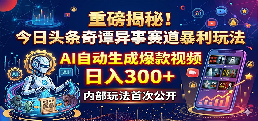重磅揭秘！今日头条奇谭异事赛道暴利玩法：AI自动生成爆款视频，日入300+-海淘下载站