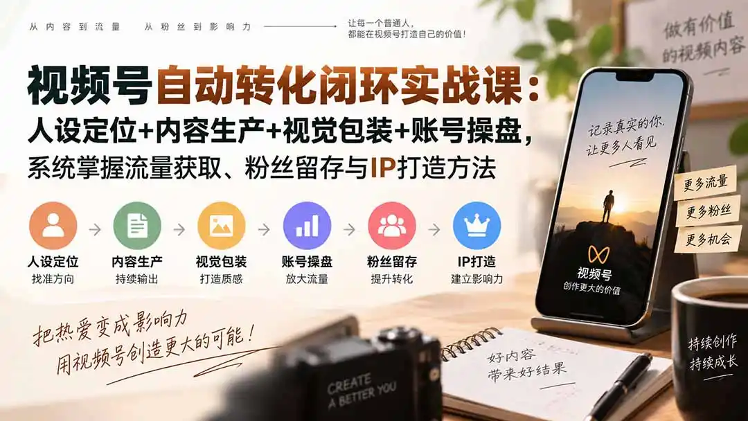 视频号自动转化闭环实战课：人设定位+内容生产+视觉包装+账号操盘，系统掌握流量获取、粉丝留存与IP打造方法-海淘下载站