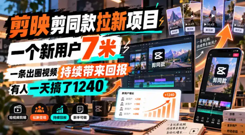 剪映剪同款拉新项目,一个新用户7米,一条出圈视频持续带来回报,有人一天搞了1240-海淘下载站