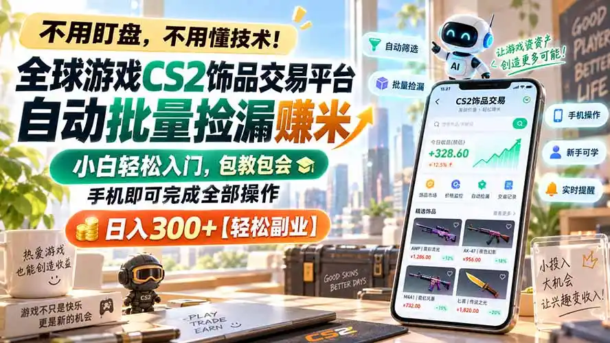全球游戏CS2饰品交易平台自动批量捡漏赚米,小白轻松入门,包教包会,手机即可完成全部操作,日入300+【轻松副业】-海淘下载站