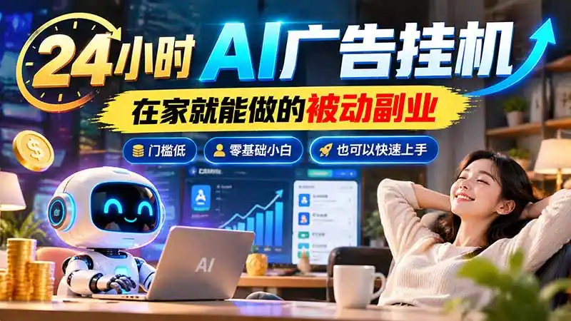 24小时AI广告挂机｜在家就能做的被动副业，门槛低，零基础小白也可以快速上手-海淘下载站