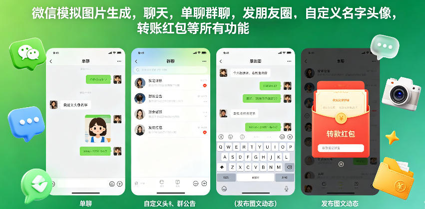 微信模拟图片生成，聊天，单聊群聊，发朋友圈，自定义名字头像，转账红包等所有功能都可以生成-海淘下载站