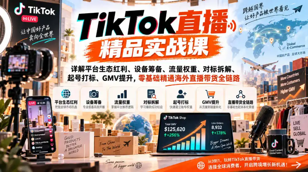 TikTok直播精品实战课,详解平台生态红利、设备筹备、流量权重、对标拆解、起号打标、GMV提升,零基础精通海外直播带货全链路-海淘下载站