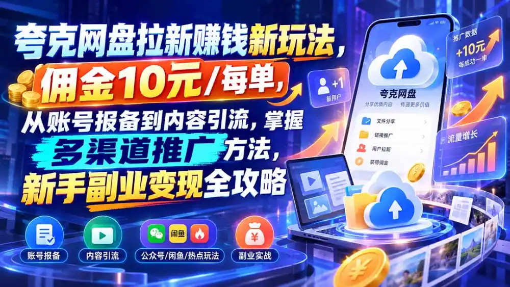 夸克网盘拉新赚钱新玩法,佣金10元/每单,从账号报备到内容引流,掌握多渠道推广方法,新手副业变现全攻略 夸克网盘拉新赚钱新玩法,佣金10元/每单,从账号报备到内容引流,掌握多渠道推广方法,新手副业变现全攻略