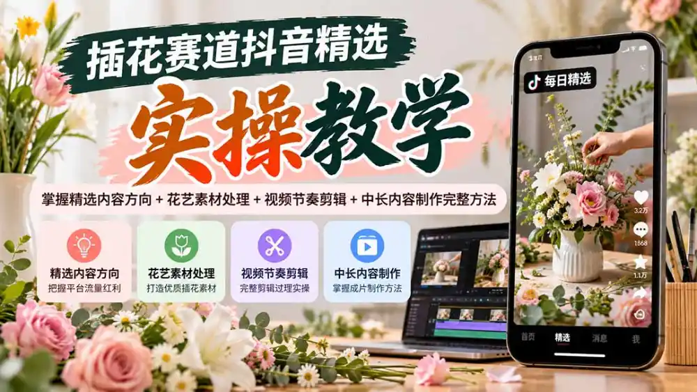 插花赛道抖音精选实操教学:掌握精选内容方向+花艺素材处理+视频节奏剪辑+中长内容制作完整方法-海淘下载站