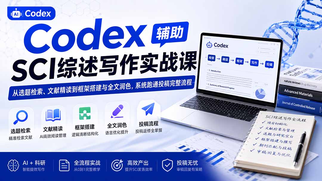 Codex辅助SCI综述写作实战课——从选题检索、文献精读到框架搭建与全文润色,系统跑通投稿完整流程 Codex辅助SCI综述写作实战课——从选题检索、文献精读到框架搭建与全文润色,系统跑通投稿完整流程