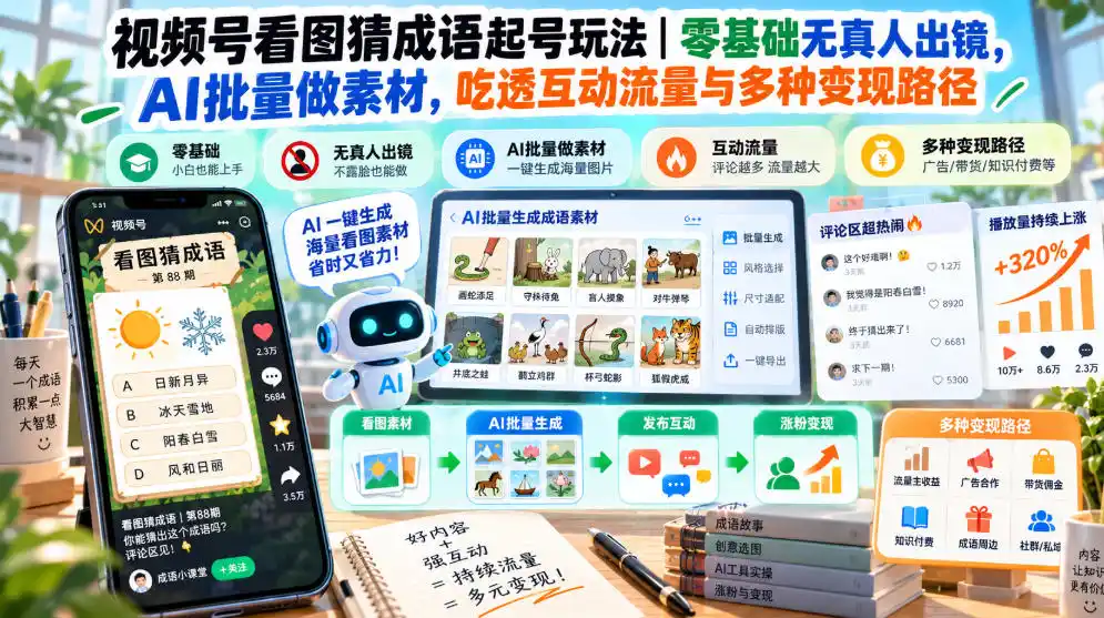 视频号看图猜成语起号玩法|零基础无真人出镜,AI批量做素材,吃透互动流量与多种变现路径-海淘下载站