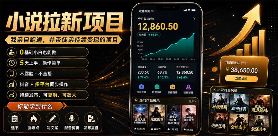 抖音及多平台小说拉新项目：我亲自跑通并持续带徒弟实操｜0基础小白5天上手快速变现-海淘下载站