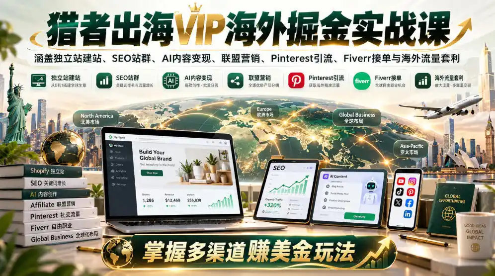 猎者出海VIP海外掘金实战课:涵盖独立站、SEO站群、AI变现、联盟营销、Pinterest引流、Fiverr接单与海外流量套利,掌握多渠道賺美金玩法 猎者出海VIP海外掘金实战课:涵盖独立站、SEO站群、AI变现、联盟营销、Pinterest引流、Fiverr接单与海外流量套利,掌握多渠道賺美金玩法