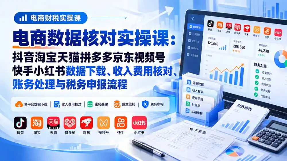 电商数据核账实操课：抖音淘宝天猫拼多多京东视频号快手小红书数据下载、收入费用核对、账务处理与税务申报流程-海淘下载站