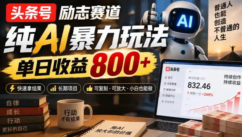 头条号励志赛道,纯AI暴力玩法,单日收益800+,快速拿结果,长期项目-海淘下载站