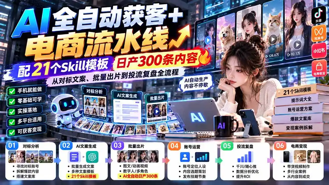 【无水印】AI全自动获客+电商流水线：配21个Skill模板，日产300条内容，从对标文案、批量出片到投流复盘全流程-海淘下载站