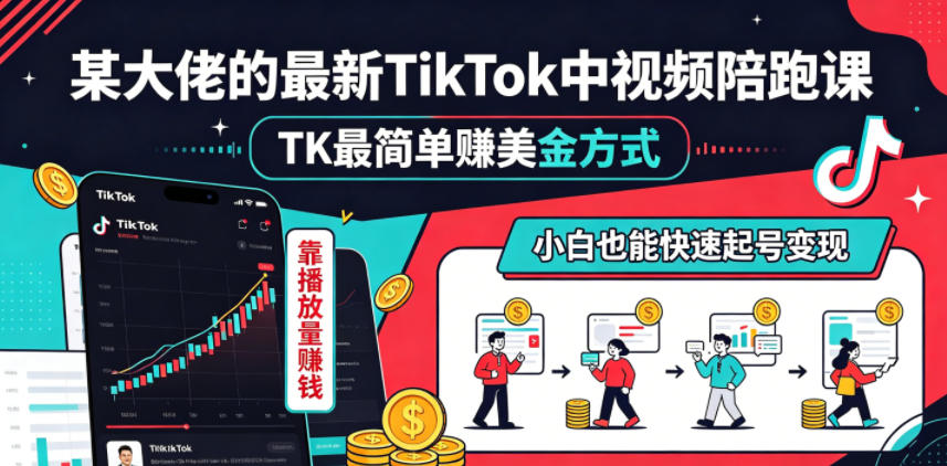 某大佬的最新TikTok中视频陪跑课,TK最简单賺美金方式,靠播放量賺钱,小白也能快速起号变现-海淘下载站