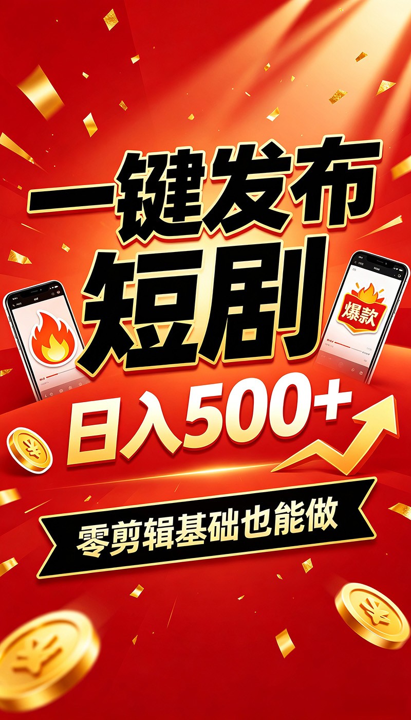 快手短剧一键发布，不用剪辑操作简单，副业日入500+。空闲时间轻松赚收益-海淘下载站