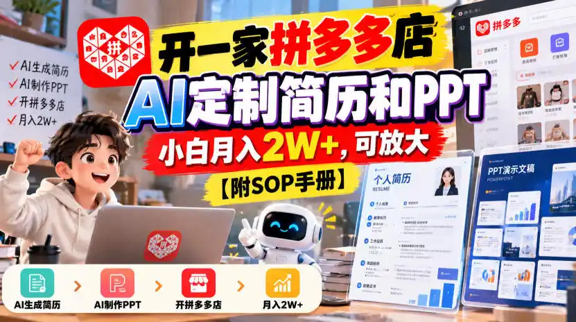 开一家拼多多店,AI定制简历和PPT,小白月入2W+,可放大【附SOP手册】【揭秘】-海淘下载站