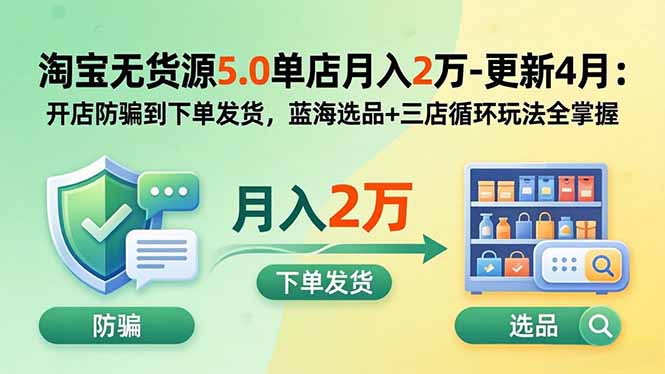淘宝无货源5.0单店月入2万-更新2026:开店防骗到下单发货,蓝海选品+三店循环玩法全掌握-海淘下载站