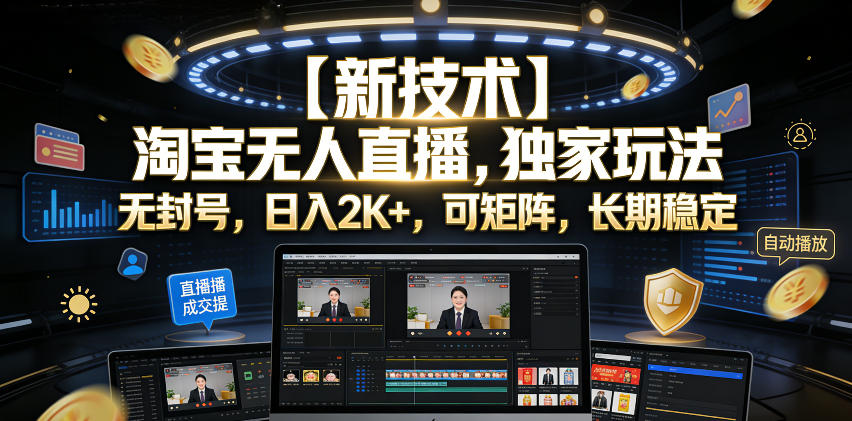 【新技术】淘宝无人直播,独家玩法,无封号,日入2K+,可矩阵,长期稳定【揭秘】-海淘下载站