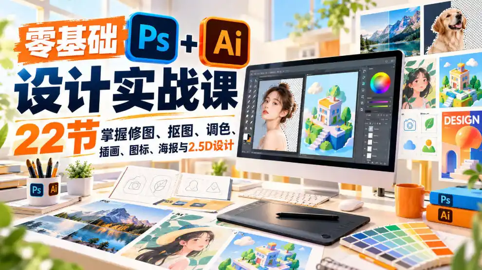 【无水印】零基础PS+AI设计实战课｜22节掌握修图、抠图、调色、插画、图标、海报与2.5D设计-海淘下载站