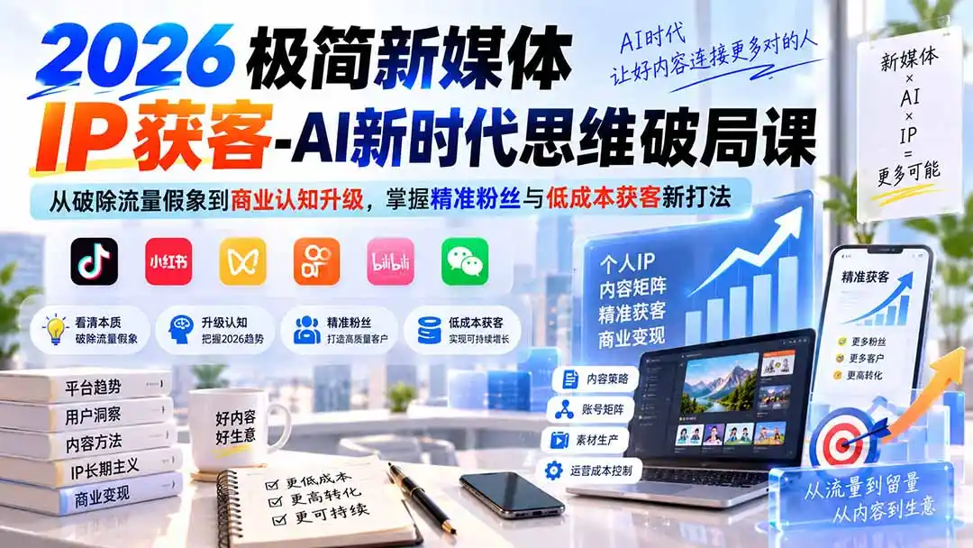 2026极简新媒体IP获客-AI新时代思维破局课：从破除流量假象到商业认知升级，掌握精准粉丝与低成本获客新打法-海淘下载站