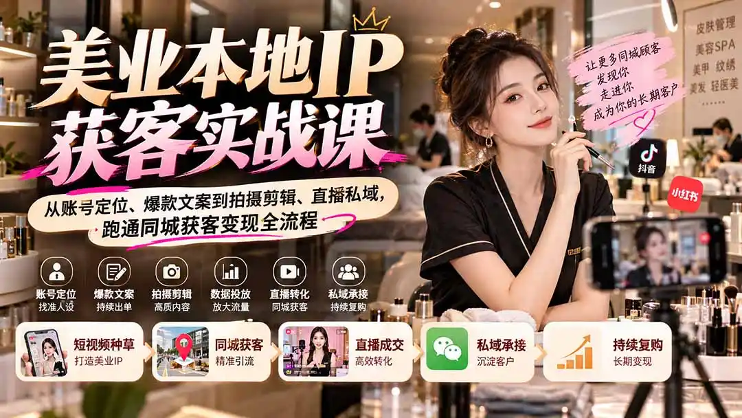 【无水印】美业本地IP获客实战课：从账号定位、爆款文案到拍摄剪辑、直播私域，跑通同城获客变现全流程-海淘下载站