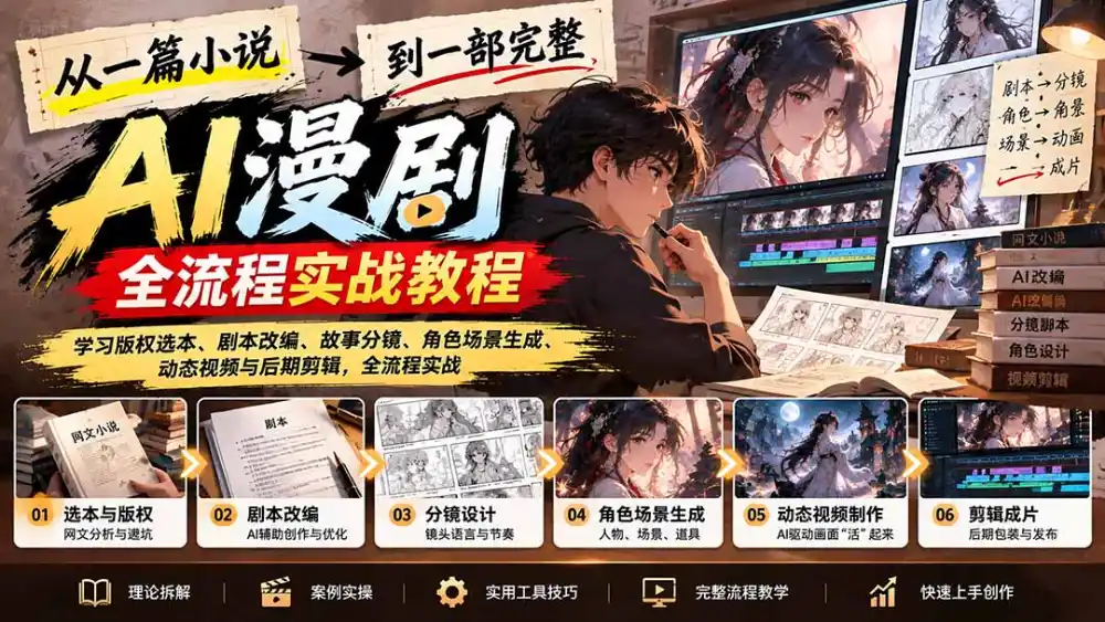 从一篇小说到一部完整AI漫剧:学习版权选本、剧本改编、故事分镜、角色场景生成、动态视频与后期剪辑-海淘下载站