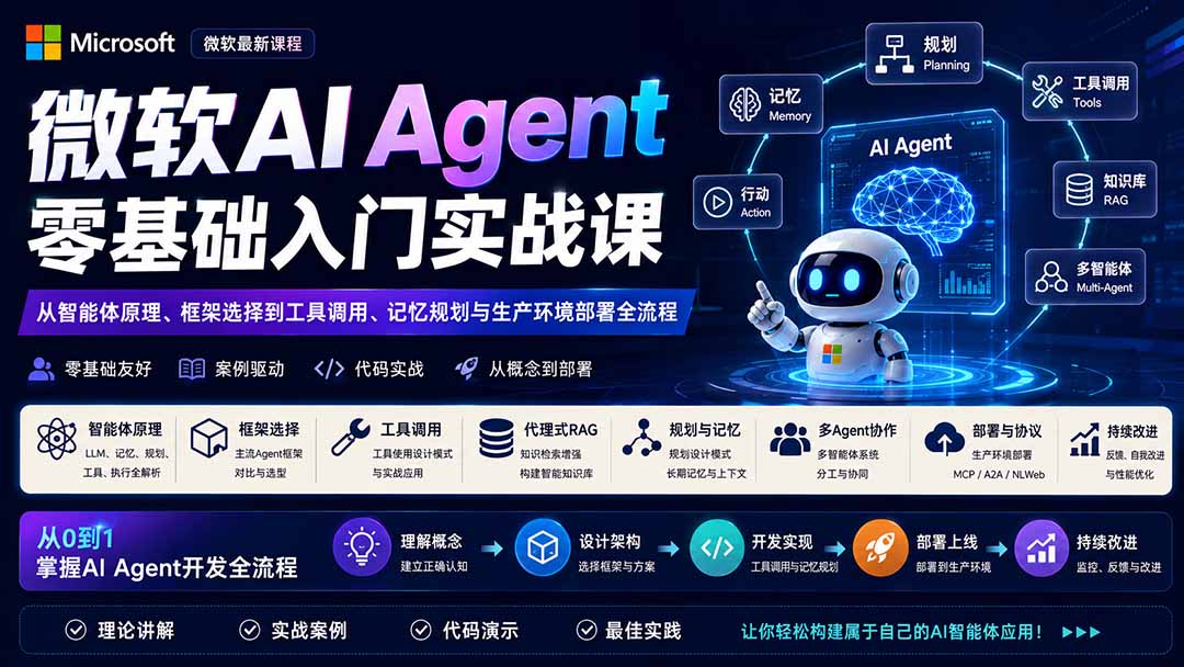 微软AI Agent零基础入门实战课：从智能体原理、框架选择到工具调用、记忆规划与生产环境部署全流程-海淘下载站