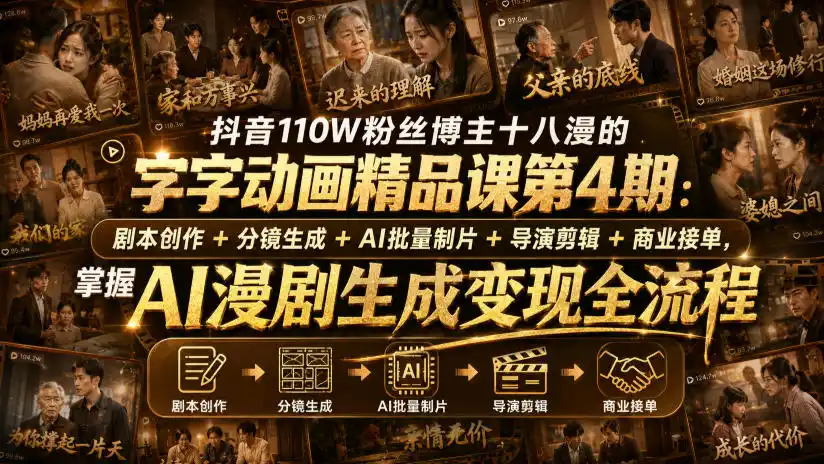 抖音110W粉丝博主十八漫的字字动画精品课第4期：剧本创作+分镜生成+剪辑+商业接单，掌握AI漫剧生成变现全流程(更新0916)-海淘下载站