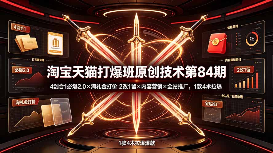 淘宝天猫打爆班原创技术第84期:4剑合1必爆2.0×淘礼金打价×2改1留×内容营销×全站推广,1款4术拉爆-海淘下载站