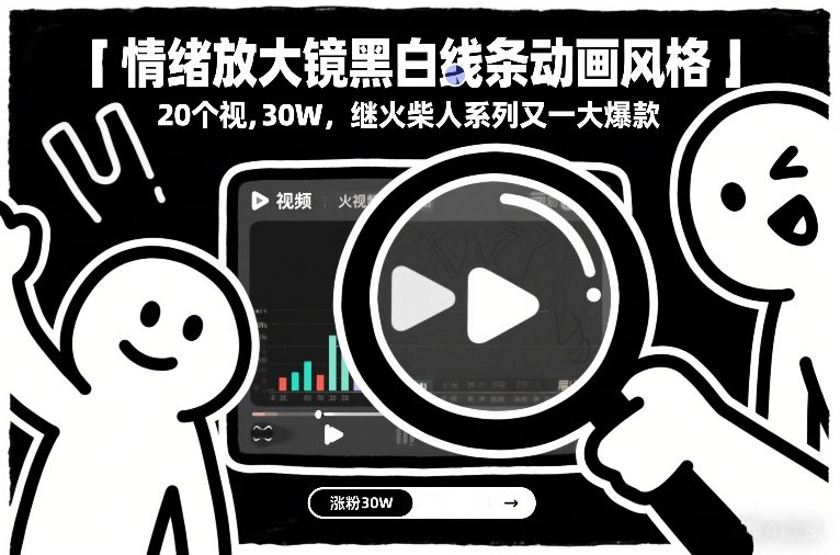 情绪放大镜黑白线条动画风格，20个视频，涨粉30W，继火柴人系列又一大爆款-海淘下载站